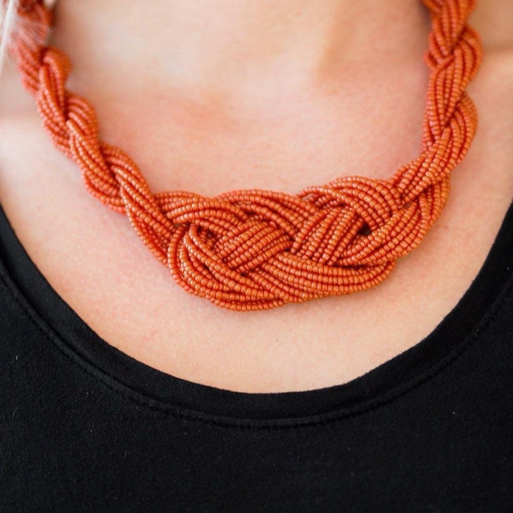 Handcrafted Orange Seed Bead Knot Necklace - Women Jewelry